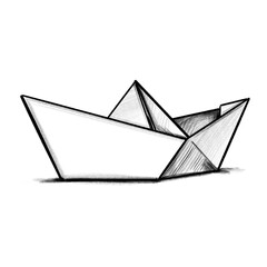 Hand drawn folded paper ship (black pencil)