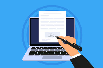 Isometric electronic signature concept. Electronic signature on laptop. Electronic document, digital form attached to electronically transmitted document. Vector illustration