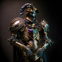 full body view of a puppet in steam punk style of a knight in iridescent armor full height realistic photo 