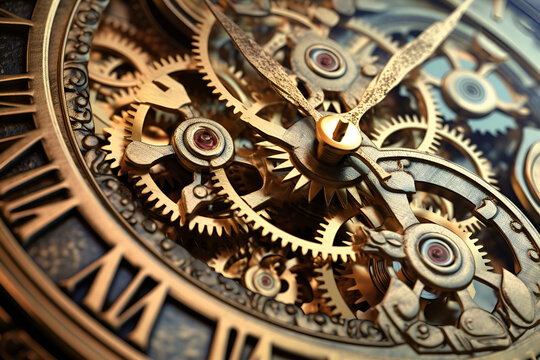 Complex watch parts, Gears and cogs in clockwork watch mechanism. Generative AI	
