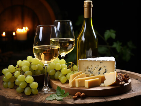 Photo Bottle of white wine next to a white wine glass, grapes and a wedge of cheese, in the background
