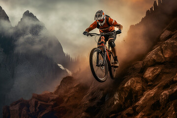 mountain bike in the sky. mountain bike rider. Young cyclist riding cycle. Generative AI	
