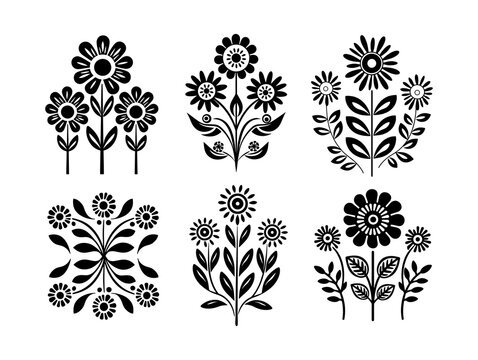 Black silhouette symmetrical flowers. Scandinavian folk art vector illustration. Floral composition art drawing.