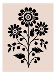 Symmetrical ornament with flowers and leaves, scandinavian folk art poster. Floral silhouette composition. Ethnic botanical vector illustration.