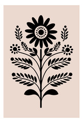 Symmetrical ornament with flowers and leaves, scandinavian folk art poster. Floral silhouette composition. Ethnic botanical vector illustration.