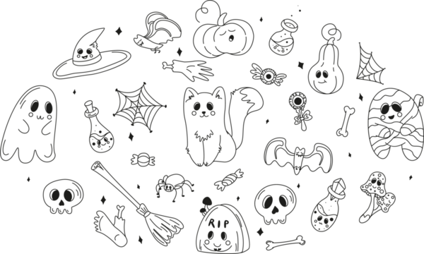 Collection of halloween silhouettes icon and character, set of elements for halloween, doodles set halloween, mystical set, trick or treat, line art illustrations
