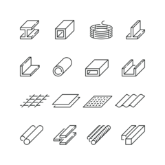 Foto op Plexiglas Vector line set of icons related with rolled metal. Contains monochrome icons like girder, metal, steel, armature, pipe and more. Simple outline sign. © Mykola