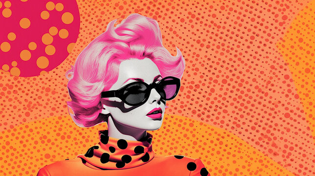 Pop art retro midmod sweater girl vintage glam lady in an orange polkadot turtleneck, wearing sunglasses with pink short hair, fun midmod 1960 1950 style illustration (generative AI, AI)