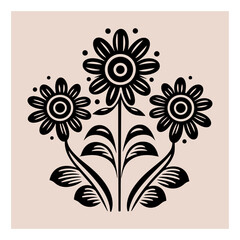 Symmetrical ornament with flowers and leaves, scandinavian folk art poster. Floral silhouette composition. Ethnic botanical vector illustration.