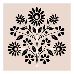 Symmetrical ornament with flowers and leaves, scandinavian folk art poster. Floral silhouette composition. Ethnic botanical vector illustration.