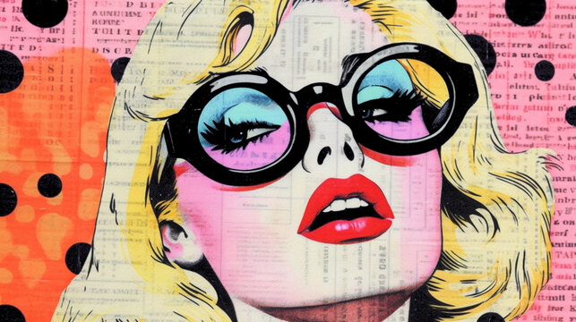 Pop art retro midmod fashion girl vintage glam lady orange pink polkadot backdrop, wearing glasses with blonde short hair, fun midmod 1960 1950 style illustration (generative AI, AI)