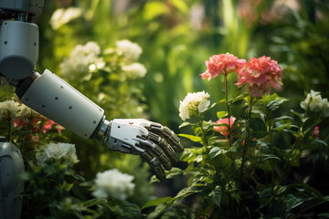 Robotic hand tending to a garden with shrubs and flowers, artificial intelligence in horticulture