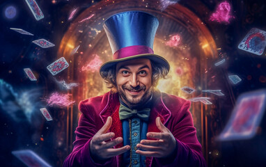 A smiling magician does trick with cards. Amazing magic - obrazy, fototapety, plakaty