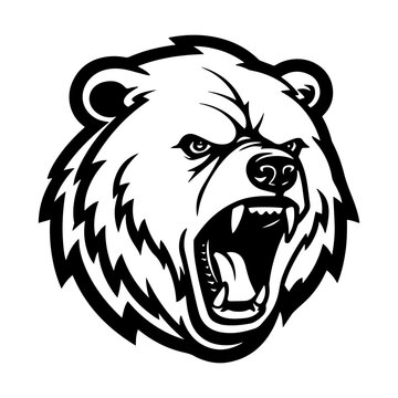 Angry bear head black outline art. Wild animal mascot vector illustration.