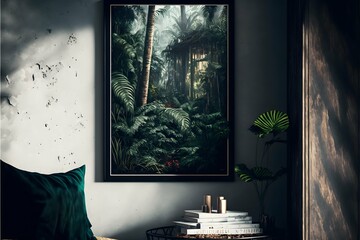 vertical framed art is standing in jungle cozy room 