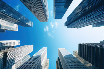 Fototapeta na wymiar urban corporate skyscrapers shot from below towards a blue sky, business inner city concept