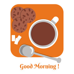 Good Morning! Complimentary breakfast item with cookies, black coffee, sugar cubes, and a spoon.