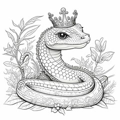 a snake with a crown cartoon style for a kid colouring book 