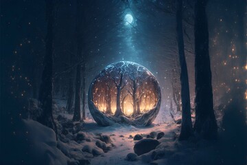 a mysterious event in a snowy forest fantasy landscape dd concept art photorealistic in sharp focus in perfect focus 8k  - obrazy, fototapety, plakaty