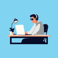 young man working on laptop with headphones