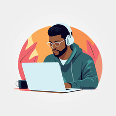 young man working on his laptop, vector illustration