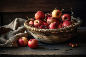 Handmade Basket Full of Apples on Rustic Wooden Table: Orchard Fresh Goodness