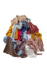 Pile with used clothes. The concept of sustainable fashion. Pile of used clothes. Second hand for recycling isolated - 617449237