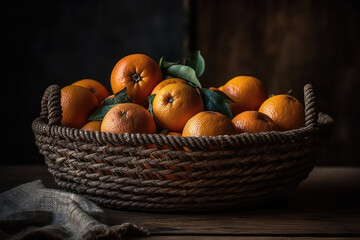 Handmade Basket Full of Oranges on Rustic Wooden Table