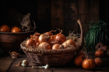 Handmade Basket Full of Onions on Rustic Wooden Table