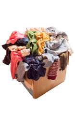 Pile of clothes in a large cardboard box. Decluttering the wardrobe. Preparing for the move. Recyclable textiles isolated
- 617449446