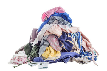 Used clothes in a pile. Sorting and cleaning second-hand. Preparing for washing. Isolated