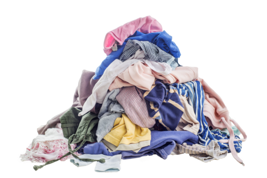 Used clothes in a pile. Sorting and cleaning second-hand. Preparing for washing. Isolated