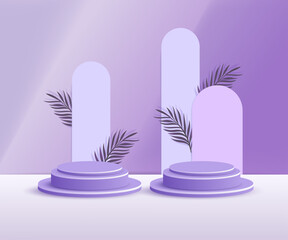 3d product podium and pedestal in purple color with palm leaves. 3d rendering vector background view with podium. To display 3d cosmetic products.