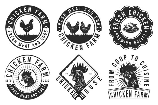 Chicken Farm Badge or Label. Chicken rooster poultry farm vintage badge logo design inspiration. Elements on the theme of the chicken, pork, and milk farming business.