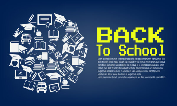 back to school background banner template with icon circle. isolated on blue background