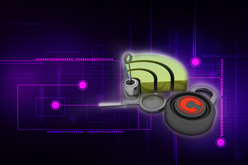 3d illustration WiFi symbol with key and lens near copyright lock 