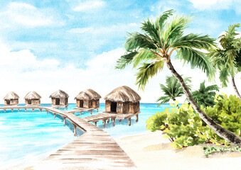 Tropical palm bay and huts on the water. Sea, sand and blue sky, summer vacation concept. Hand drawn watercolor illustration isolated on white background