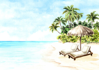 Tropical summer palm beach with chairs and sun umbrella. Sea, sand and blue sky, summer vacation concept and background. Hand drawn watercolor illustration