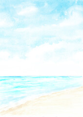 Seascape.Tropical beach, Sea, sand and blue sky, summer vacation concept and background. Hand drawn watercolor illustration
