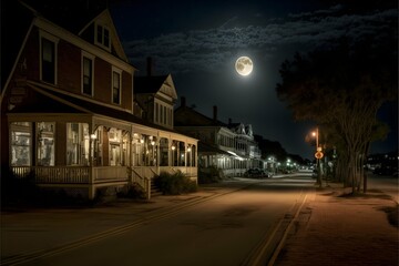 Front street in Beaufort North Carolina looking east down front street at night moon and stars above Taylors Creek visible on the right 