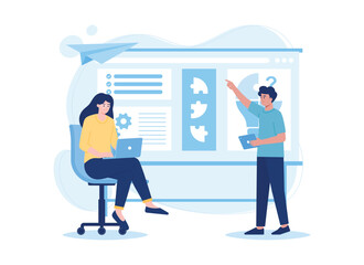Together looking for business solutions via online, jigsaw bulb trending flat illustration