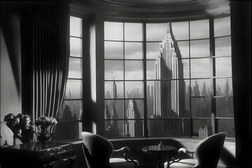 Black and white nitrate film shot style ArtDeco style movie shot top of the tall building big glass building black and white shot Art deco style 1930s cityscape shot from the inside the room view of 