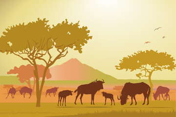 Fototapeta na wymiar African savannah landscape with wildebeest silhouettes, midday sun, yellow background. Vector illustration.