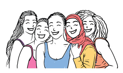 Five different ethnic female friends smiling together reunion hand drawn illustration