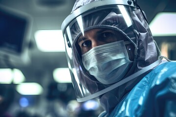 Fototapeta premium Closeup portrait of a doctor or nurse wearing protective suit and face mask