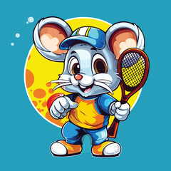 Naklejka premium A cute mouse Vector Logo Icon Sports Mascot flat illustration, featuring a cheerful mouse with big round eyes, holding a sports equipment like a tennis racket, wearing a sports jersey with vibrant col