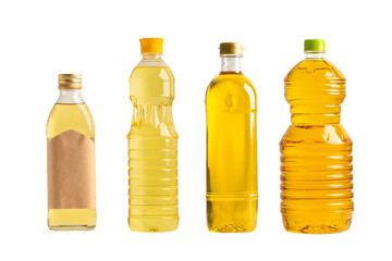 Vegetable oil with olive oil in different bottle for cooking isolated on white background with...