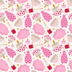 Foto op Aluminium Playful utensil seamless pattern with doodle in pinkcolor. Romantic print with colorful pottery, hand-made ceramics, kitchen tableware, cute cup and plate, funky candlestick. Cool wallpaper print © Ana Tivikova