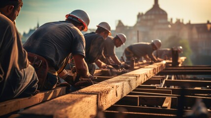 Fototapeta premium Construction workers working on the roof of a building. Generative AI.