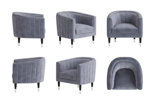 Set of six views of a modern classic elegant quilted armchair with a gray-blue velvet cover, and black legs with metal tips. Front view, side views, top view, and perspective views. 3d render